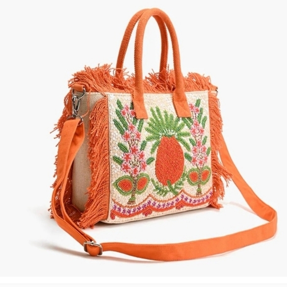 🔹️America & Beyond 🔹️Viral Pineapple Orange Beaded Tote Bag with Fringe - Picture 3 of 5